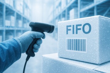 Warehouse worker scanning a box labeled FIFO with a barcode scanner, emphasizing inventory management and cold storage efficiency. Concept of logistics, organization, and operational excellence.