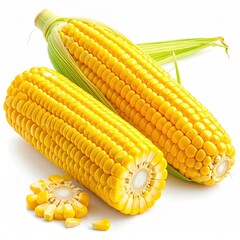 Two fresh yellow corn cobs, one partially cut open, displaying kernels