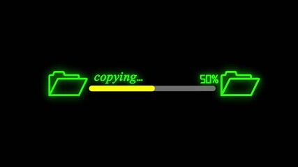 Document file downloading or transfer process icon animation. Fast file transfer, quick torrent of copying data from folder to folder with 0 to 100% complete on black background.