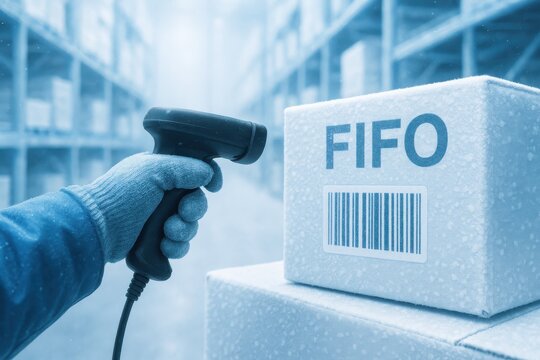 Warehouse worker scanning a box labeled FIFO with a barcode scanner, emphasizing inventory management and cold storage efficiency. Concept of logistics, organization, and operational excellence.
