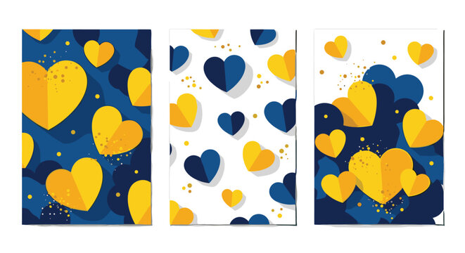 Set of patriotic posters with blue and yellow paper hearts, symbolizing support and love for Ukraine in a heartfelt design. - Powered by Adobe