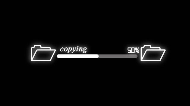Document file downloading or transfer process icon animation. Fast file transfer, quick torrent of copying data from folder to folder with 0 to 100% complete on black background.