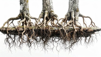 Three trees' intertwined roots on a floating rock ledge against a white background