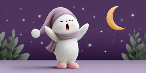 Cute sleepy bunny yawning at night with stars
