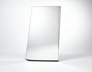 A sleek, vertical, mirrored surface, angled slightly, sits on a dark base against a bright backdrop