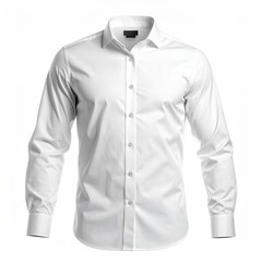 Front view of a crisp, white, long-sleeved button-down shirt