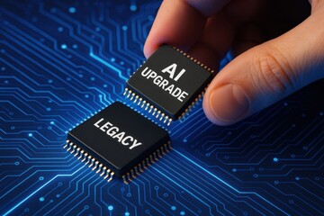 Hand holding an AI upgrade chip over a legacy chip, symbolizing the evolution of technology in computing and the transition from old systems to advanced AI solutions.