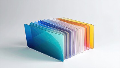 Stacked colorful translucent panels,  ranging from teal to orange
