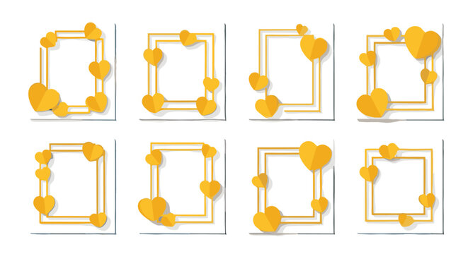 Set of eight elegant golden frames decorated with yellow paper hearts, perfect for wedding invitations and special events.