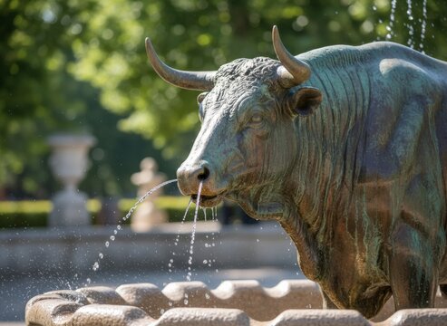 Bronze Bull Fountain in a Park: A Close-Up of a Magnificent Sculpture with Water Cascading from Its Mouth