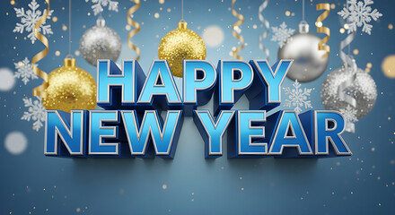 Celebrate a happy New Year with festive ornaments, snowflakes, and cheerful blue text for a joyful holiday greeting or end-of-year marketing campaign