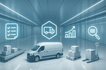 Delivery van in a modern logistics hub with icons representing inventory management, efficiency, and supply chain analytics. Concept of streamlined shipping and organized transportation.
