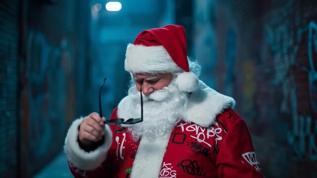 Graffiti-adorned Santa Claus in sunglasses leans forward adjusting eyewear in dimly lit urban alleyway