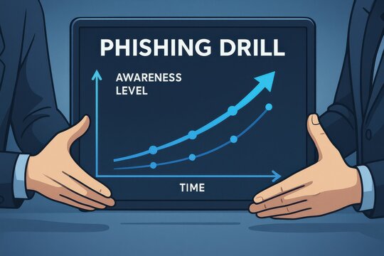 Business professionals discussing a phishing drill presentation with an increasing awareness graph. Concept of cybersecurity training, risk management, and employee education.