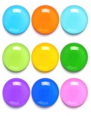 Nine colorful, round, glossy plates arranged in a grid.  Each plate reflects light, displaying a vibrant hue