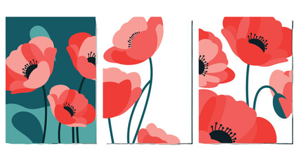 Set of three modern wall art posters featuring stylized red poppy flowers against teal and white backgrounds for decoration.