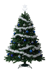 Majestic noble fir christmas tree draped in reflective silver tinsel and sapphire blue baubles, crystal moon topper, isolated on transparent studio background. Concept of solemn festive luxury