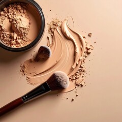 Beige makeup foundation, loose powder, and brush