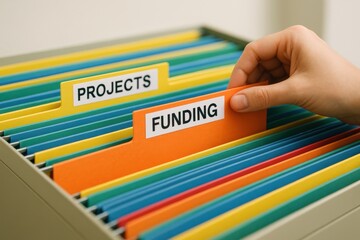 Hand organizing project files in a colorful filing cabinet, emphasizing efficient data management and administrative workflows. Concept of organization, productivity, and business operations.