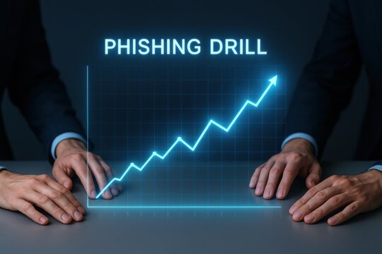 Business professionals analyzing growth trends in a phishing drill session, highlighting cybersecurity training and awareness in the modern workplace.