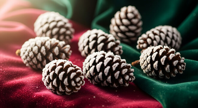Group of frosted pine cones arranged on rich red and green velvet fabric snow winter - Powered by Adobe
