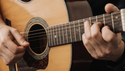 Fototapeta premium Close up of a person playing an acoustic guitar with their fingers on the frets.