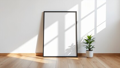 Minimalist Frame Showcase: A clean, well-lit interior setting featuring a blank picture frame, positioned elegantly against a smooth wall, complemented by a potted plant.