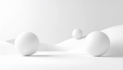 Minimalist Orb Display: A serene scene featuring three pristine white spheres delicately arranged amidst soft, undulating forms, creating a captivating visual of simplicity and balance.