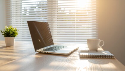 Morning Work Station: A serene workspace bathed in the morning light, featuring a laptop, notepad, and a warm cup of coffee, creating a perfect environment for productivity and inspiration.
