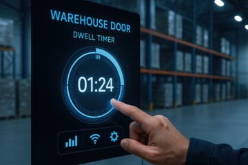 Warehouse logistics manager monitoring dwell timer on digital display, ensuring efficient operations and workflow management in a modern warehouse environment.
