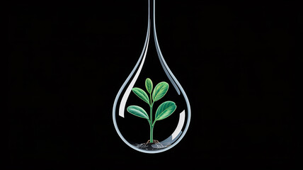 Green sprout growing inside a water droplet on black background