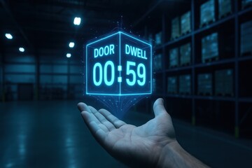 Warehouse worker monitoring digital display of door dwell time, emphasizing automation and efficiency in logistics management. Concept of smart warehouses and technology integration.
