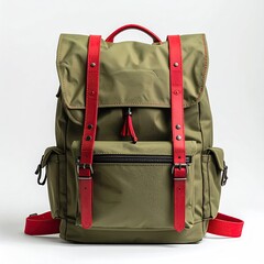 Olive green backpack with red accents.  Front-facing view of a modern, functional backpack.  Durable material,  leather-like straps and buckles.  Simple design