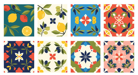A collection of eight vibrant, Mediterranean-inspired seamless patterns featuring lemons, olives, and geometric tile designs.