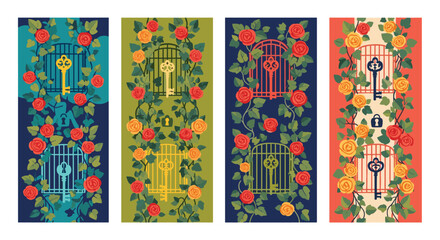 A set of four enchanting vertical banners with a secret garden theme, featuring keys, cages, and climbing roses.