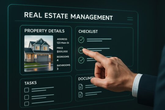 Real estate manager reviewing property details and checklist on a digital interface, emphasizing efficiency and modern management in the housing market.