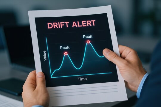 Business professional holding a graph indicating data drift alert with peaks, symbolizing data analysis and monitoring in performance metrics.