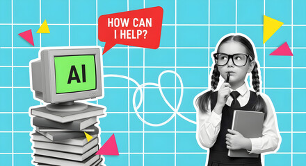 Creative collage of a schoolgirl holding a book and thinking with computer stack of books and speech bubble