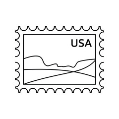 Outline of a usa postage stamp featuring a landscape illustration
