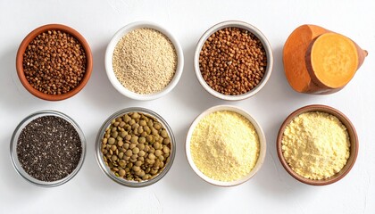 Six small bowls of various whole grains and seeds on a white surface