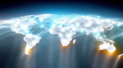 A 3D rendered world map with glowing lines and nodes representing global connections. The image is a futuristic visualization of a network.