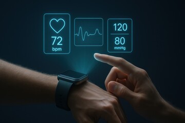 User interacting with a smartwatch displaying heart rate and blood pressure data. Concept of health monitoring, technology integration, and personal wellness tracking.