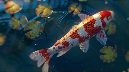 Colorful koi fish swim slowly in a calm, dark pond. A top-down perspective reveals crystal-clear water with subtle reflections of the sky and light. - Powered by Adobe