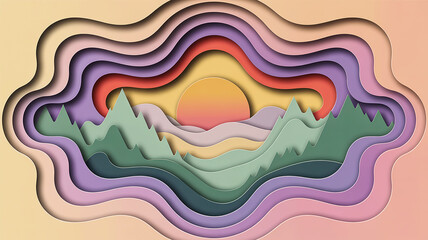 Layered paper cut landscape with sunset layers mountains