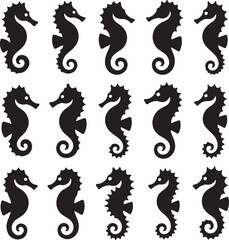 Elegant seahorse pattern black silhouettes on white background seamless design