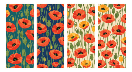 A set of four seamless patterns featuring beautiful red and yellow poppy flowers, perfect for wallpaper and fabric designs.