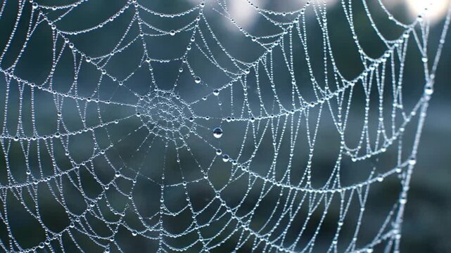 An intricate spiderweb covered in glistening morning dew drops. This delicate natural pattern showcases the fragile beauty of a cobweb with tiny water beads