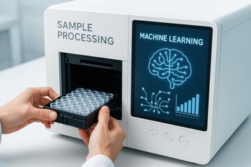 Hands placing sample tray into a high-tech machine labeled 'Sample Processing', illustrating the intersection of laboratory analysis and machine learning technology.
