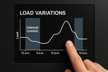 Analyzing load variations on an energy management display, focusing on time-related demand charges. Concept of energy efficiency, monitoring, and cost management in utilities.