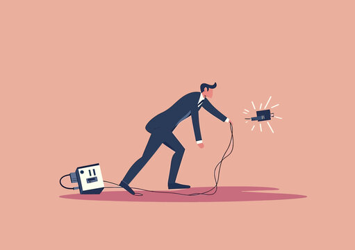 Clumsy businessman tripping over electric power plug connected to outlet with shocked expression flat vector concept for accident error failure and problem affecting work or business